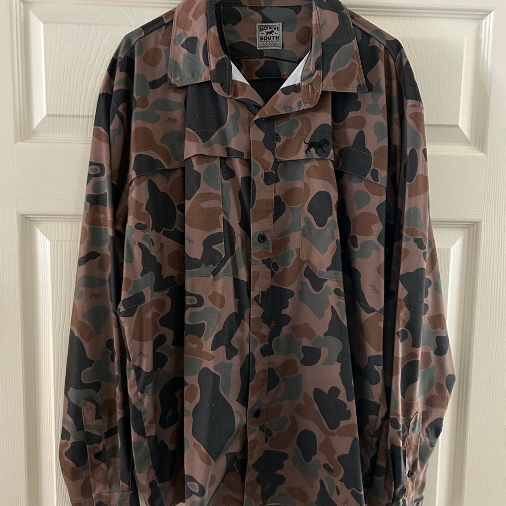 Back Down South long sleeve duck camo button down shirt.
